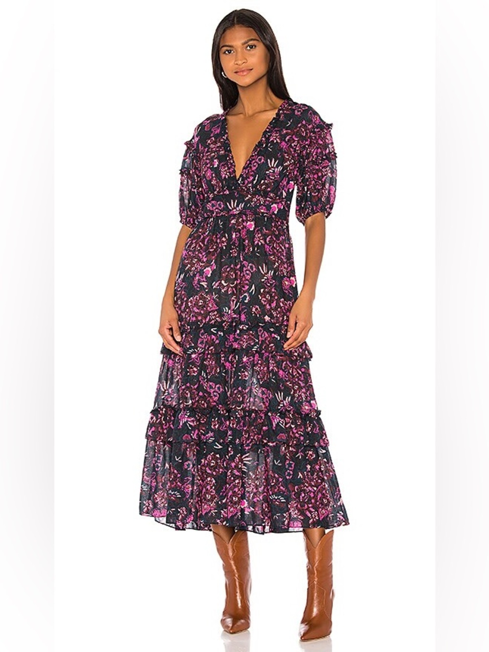 Ulla Johnson Floral Puff Sleeve Tiered Midi Dress Size 4 Pink Teal Boho